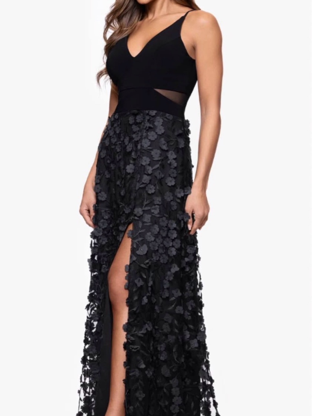 Black Floral Appliqué V-Neck Evening Dress